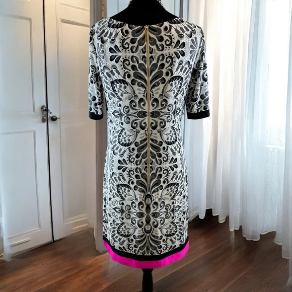 Eliza J Black & White Damask Pattern Dress with Pink Trim, Size 8 Short Sleeve S - Picture 4 of 7